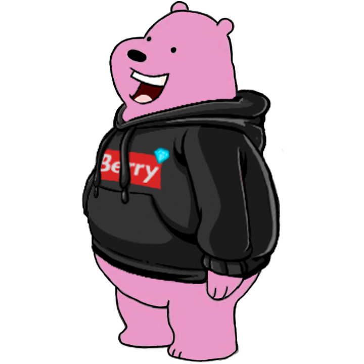 Urso rosa, sorridente. Tem uma camisola preta, com um diamante ao canto e com o seu nome inscrito, 'Berry'.